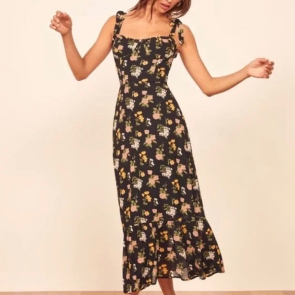 Reformation Nikita Black Floral Tie Strap Midi Dress Size 6